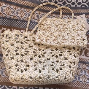 Beige/gold woven beach back and pochette